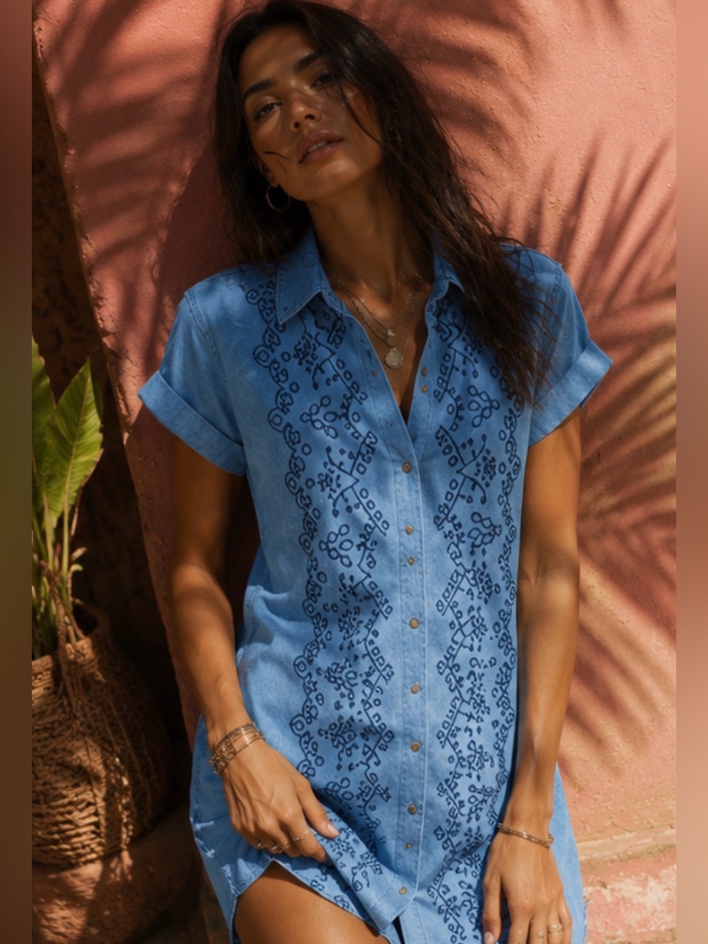 En Crème Embroidered Chambray Button-Down Shirt Dress | Boutique Style